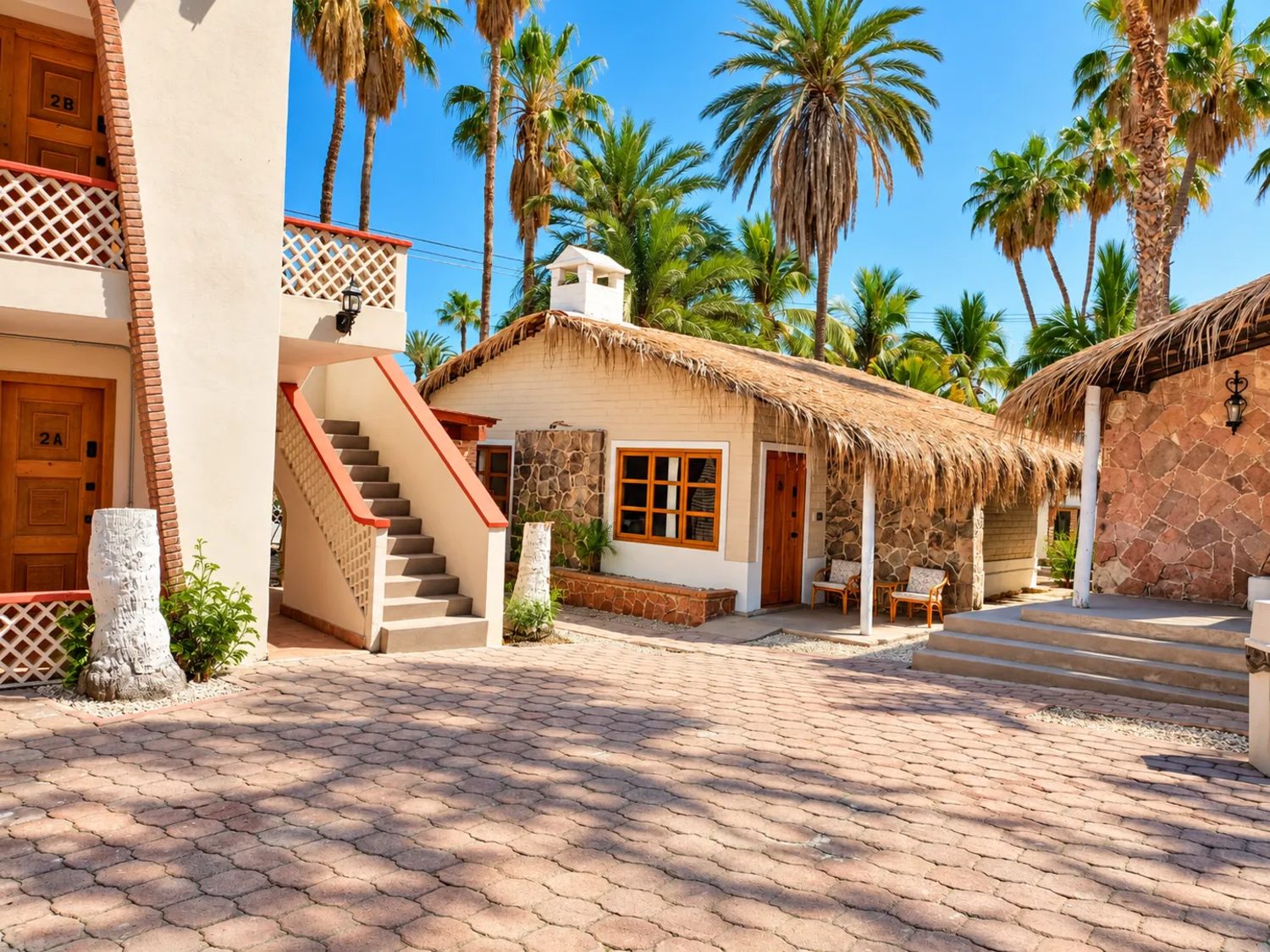 Patio de adoquín con cabañas de techo de palma, escalera a las suites y palmeras altas